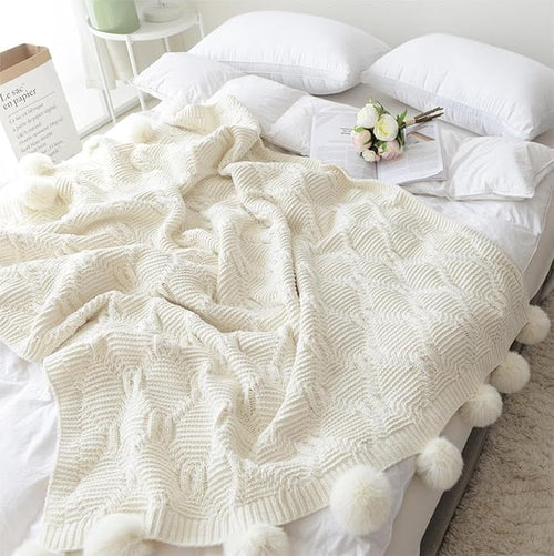ATMOSURELY Ultra Soft Chenille Cable Knit Throw Blanket with Handmade Pom Poms Cozy Fluffy Knitted Blanket Lightweight Warm Woven Farmhouse Blanket for Bed Sofa Couch 50x60 Inches (Geometry Beige)