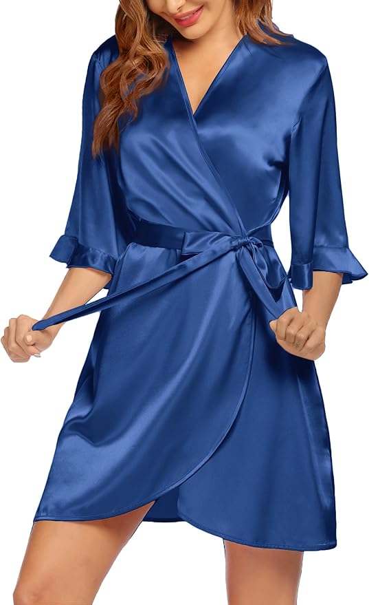 Ekouaer Women's Satin Robe Valentines Lingerie for Women Kimono Bathrobe Short Ruffle Belted Robes Bridesmaids Sleepwear