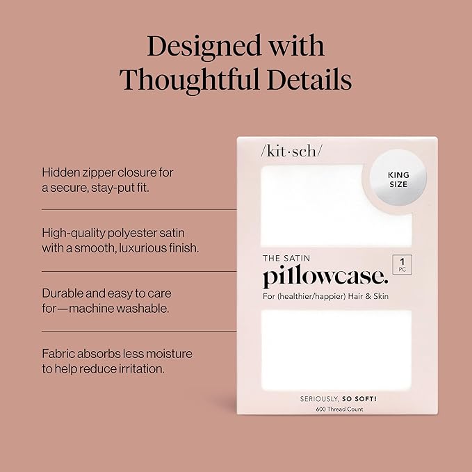 Kitsch Satin Pillowcase with Zipper for Hair & Skin - Softer Than Silk Pillow Cases, Smooth Cooling Satin Pillow Case, Wrinkle-Free, Machine Washable - King Size Satin Pillow Case (19x36) - Ivory