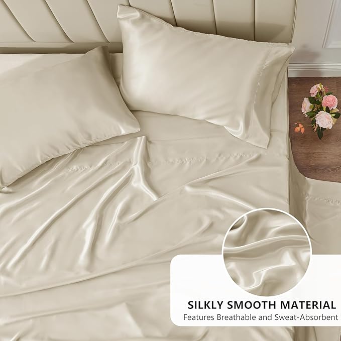 CozyLux Satin Sheets Queen Size Bed Set - 4 Piece Silky Queen Sheet Set, Luxury Beige Queen Sheets with Smooth and Soft Microfiber, Includes 1 Fitted Sheet, 1 Flat Sheet and 2 Pillowcases