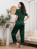 WJing Yi Jia Womens Pajamas Set XS-4XL Floral Silk Satin Pajama Sets Silky Pj Sets 2Pcs Loungewear Sleepwear Button Down Pjs