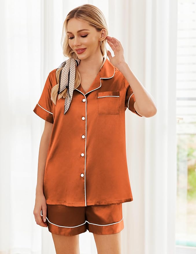 Ekouaer Womens Silk Satin Pajama Sets Soft Short Sleeve Button Down Sleepwear Top and Shorts 2 Piece Pjs Lounge Set