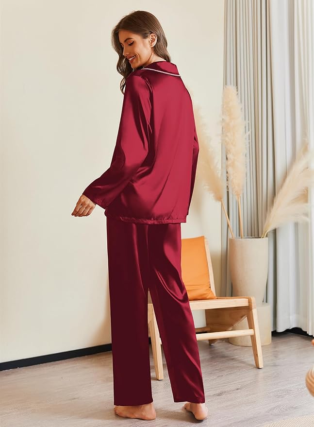 Ekouaer Pajamas For Women Set Silk Pjs 2 Piece Satin Sleepwear Long Sleeve Button Down Lounge Sets With Pant
