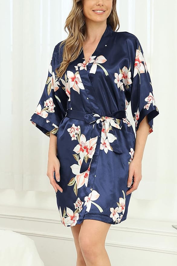 Women's Floral Satin Robes Bride Bridesmaid Getting Ready Robe Short Silky Kimono Sleepwear for Wedding Party