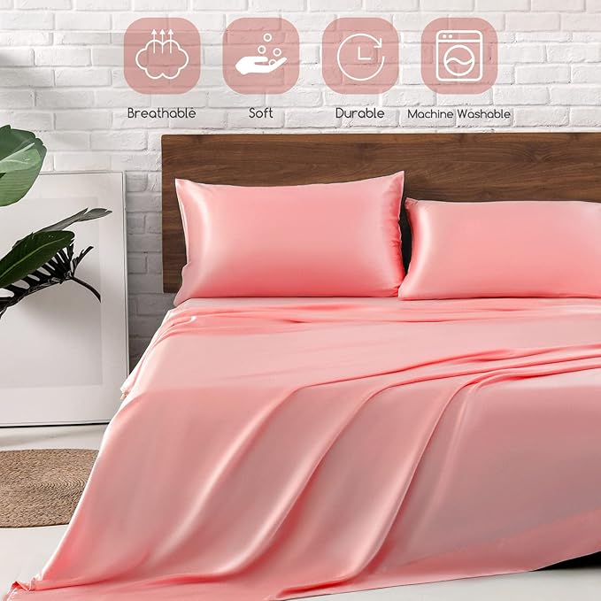 MR&HM Satin Bed Sheets, Full Size Sheets Set, 4 Pcs Silky Bedding Set with 15 Inches Deep Pocket for Mattress (Full, Blush)