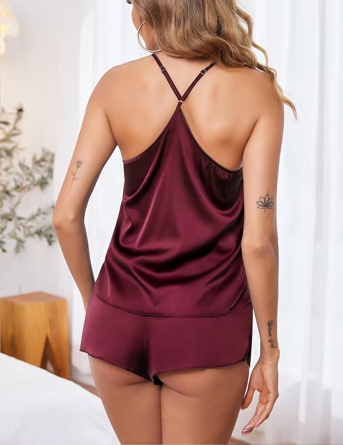 Ekouaer Silk Pajamas Set for Women Satin Lingerie Pjs Cami Top and Shorts Soft 2 Piece Nightwear