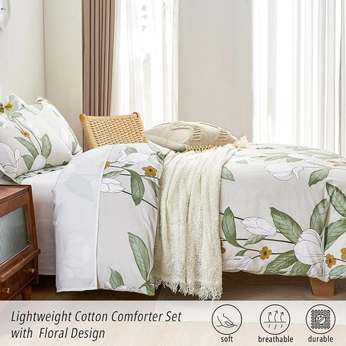 ALEISSEL Pale Moss Green Botanical Cotton Comforter Queen Size - 3PC Lightweight Bedding Sets with Ultra-Soft Alternative Fill, Floral Design with Leaf & White Magnolias (1 Comforter, 2 Pillowshams)