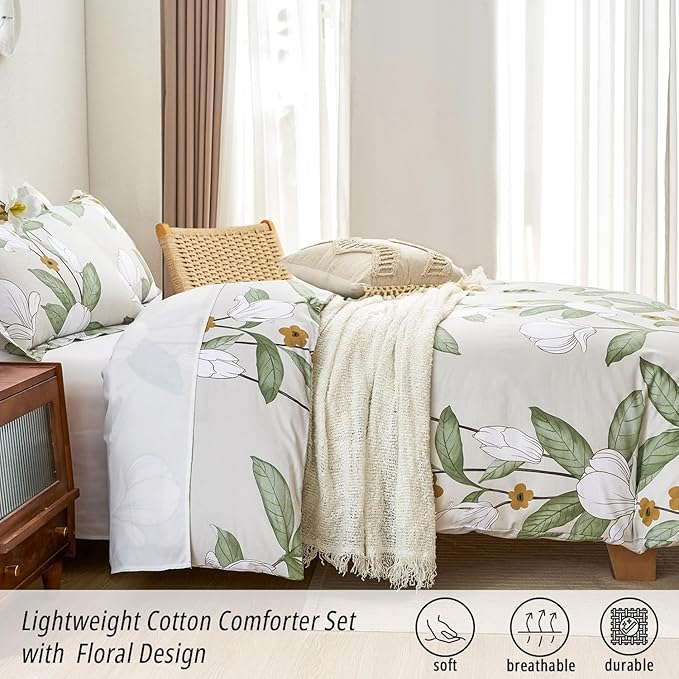 ALEISSEL Pale Moss Green Botanical Cotton Comforter King Size - 3PC Lightweight Bedding Sets with Ultra-Soft Alternative Fill, Floral Design with Leaf & White Magnolias (1 Comforter, 2 Pillowshams)