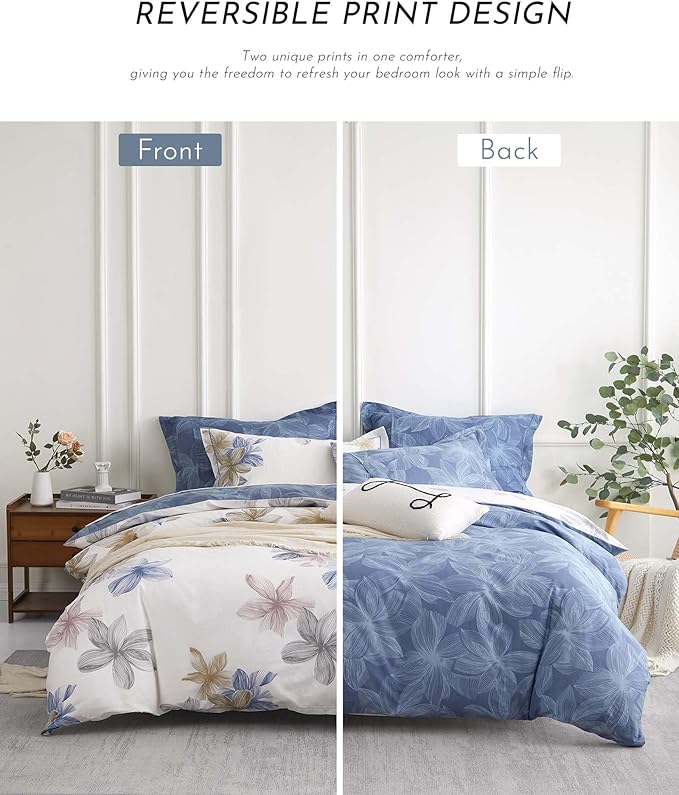 ALEISSEL Natural Cotton 3pcs Floral Comforter Sets Queen Size - Grayish White Comfoter with Blush & Tan Floral Print, Aegean Blue Reverse, Vintage Lightweight Bedding Sets(Queen 90"×90")