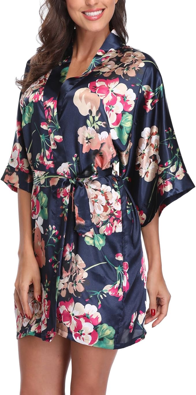 Women's Floral Satin Robes Bride Bridesmaid Getting Ready Robe Short Silky Kimono Sleepwear for Wedding Party