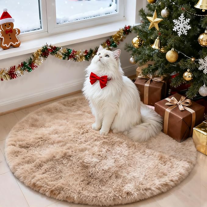 OLANLY Beige Tie-dye Round Rugs for Bedroom - Machine Washable, 3x3 Feet Circle Area Rugs for Living Room, Soft and Fluffy Shaggy Carpet for Girls and Boys, Nursery Rooms, Dorms, Home Decor Aesthetic