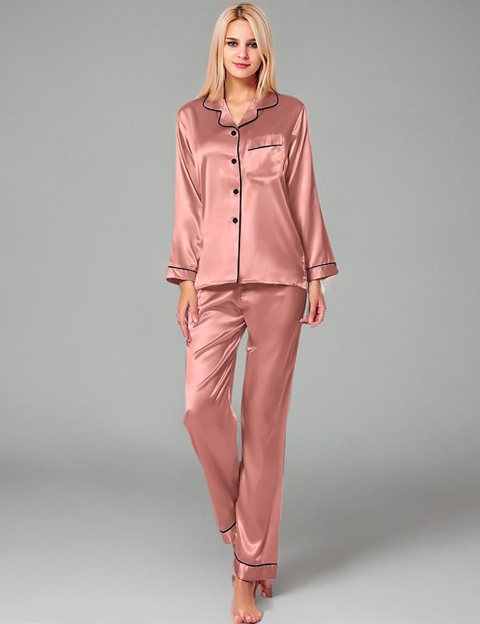 SWOMOG Womens Silk Satin Pajamas Set Long Sleeve Button Down Sleepwear 2 Piece Lounge Set Pj Set XS-3XL