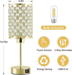 GyroVu Crystal Table Lamp, Gold Touch Lamp for Nightstand with USB C+A Ports, Dimmable Lamp with Crystal Shade, Bedside Lamp Small Lamp for Bedroom, Living Room(Buld Included)