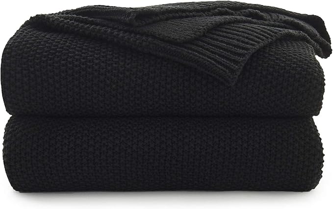 Longhui bedding Black Cotton Cable Knit Throw Blanket for Couch Sofa Chair Bed Home Decorative, 3.4 Pounds 60 x 80 Inch Lightweight Woven Throw Blankets with Bonus Laundering Bag