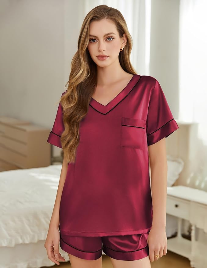 Silk Pajamas for Women Short Sleeve Satin 2 Piece Pj Set Soft V Neck Sleepwear Loungewear, S-XXL