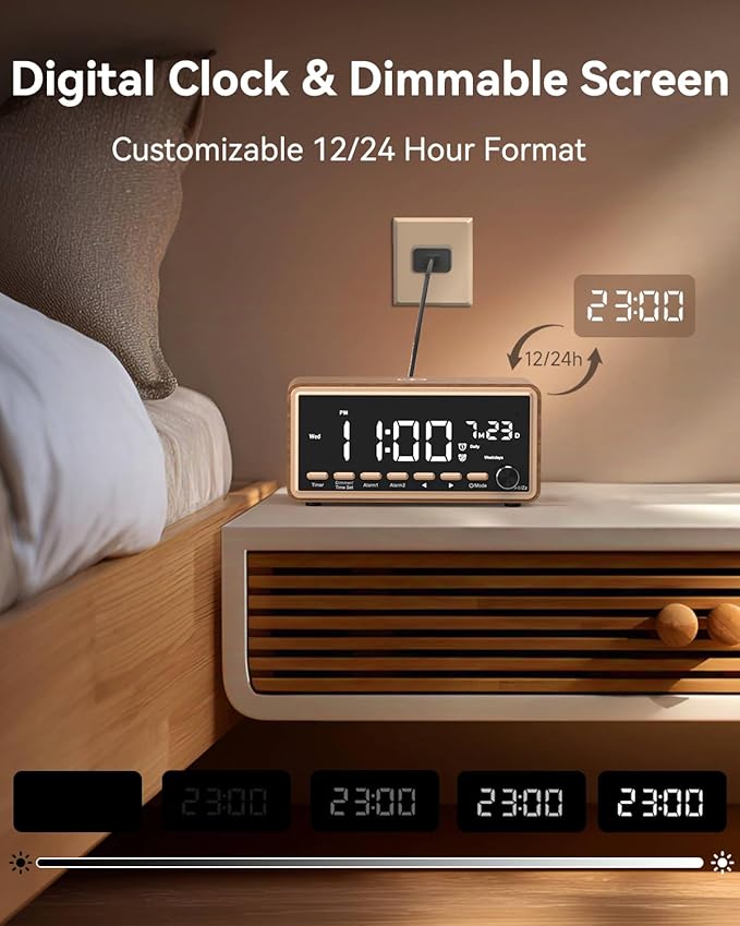 Digital Alarm Clocks Radio for Bedrooms,FM Radio & White Noise Sound Machine with Timer,Bluetooth Speaker,Dual Alarm Clock with Wireless Charging,Dimmable Big LED Display,Holiday Gifts for Men Women
