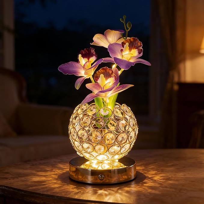 Flower Table Lamp, Orchid Flower with Crystal Vase Lamp, Cordless Touch Desk Light, 3 Colors Dimming & Rechargeable, Small Night Light for Bedroom Home, Romantic Gifts for Girl Women (Purple)