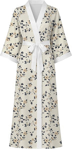 Hellomamma Womens Satin Silk Robe: Lightweight 3/4 Sleeve Comfy Floral Print Kimono Sleepwear for Bride Wedding Party Gift
