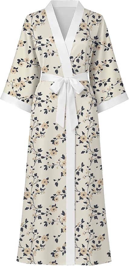 Hellomamma Womens Satin Silk Robe: Lightweight 3/4 Sleeve Comfy Floral Print Kimono Sleepwear for Bride Wedding Party Gift