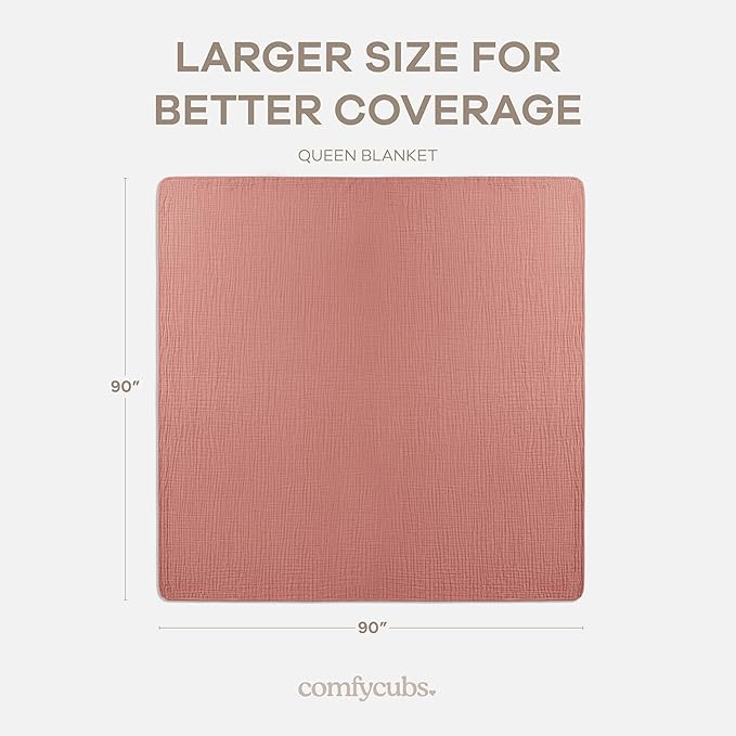 Comfy Cubs Muslin Blanket for Adults Queen 90" x 90" - 6 Layer Soft, Breathable & Lightweight Muslin Adult Blanket - Machine Washable & Designed in The US Bedding for All Seasons - Dusty Rose