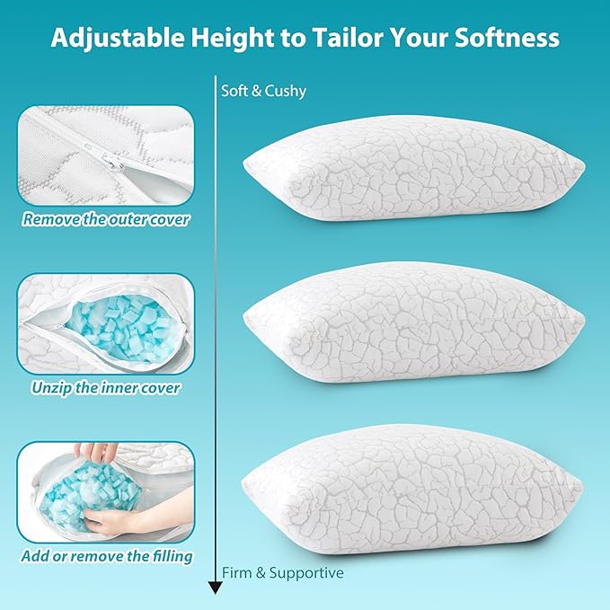 Cooling Pillows for Sleeping 1 Pack, Standard Size Adjustable Shredded Memory Foam Pillows, Firm Bed Pillows for Side, Back, Stomach, Hot Sleepers, Cold Single Pillow for College Dorm Room