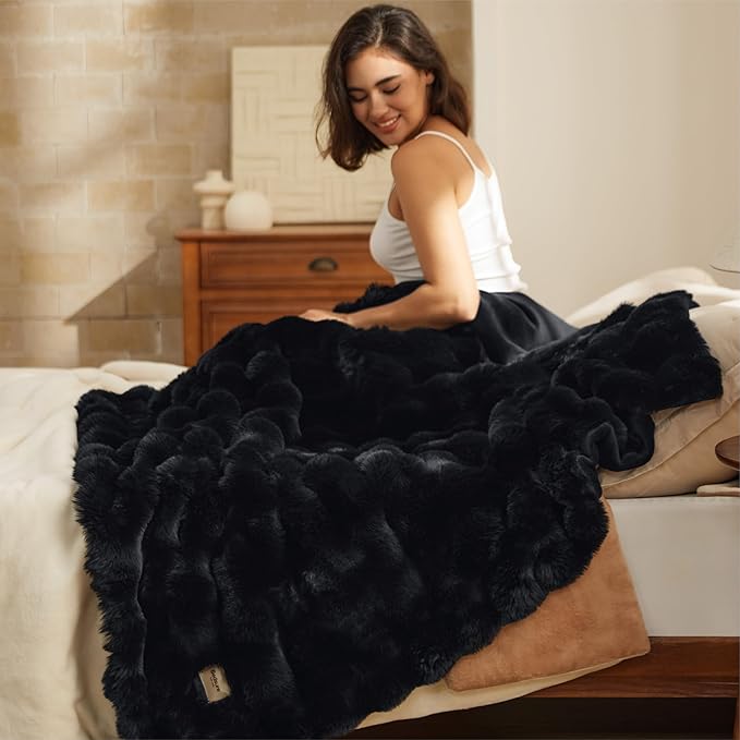 Bedsure GentleSoft Fluffy Fuzzy Black Throw Blanket for Bed, Soft Cozy Fleece Faux Fur Blanket for Couch, Black Room Decor Minky Velvet Sofa Cover, Thick Warm Plush Bedding Cozy Gifts for Women Men