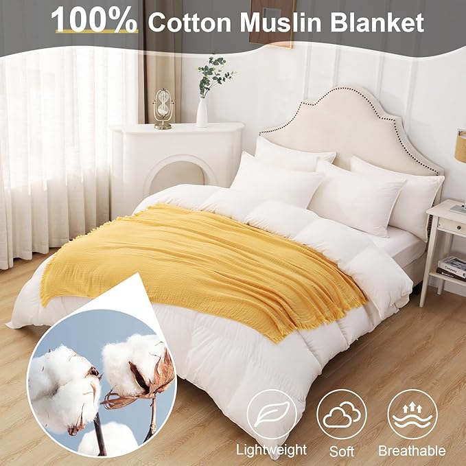 Cotton Muslin Throw Blanket with Tassels, Lightweight Woven Gauze, Pre-Washed Breathable Farmhouse Decor for Bed, Couch, All-Season Use (Yellow, 50" x 60")