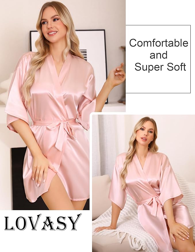 Lovasy Women's Satin Robes Silky Short Robe Lightweight Sleepwear Bride Bridesmaids Bathrobes Dressing Gowns Loungewear S-XXL