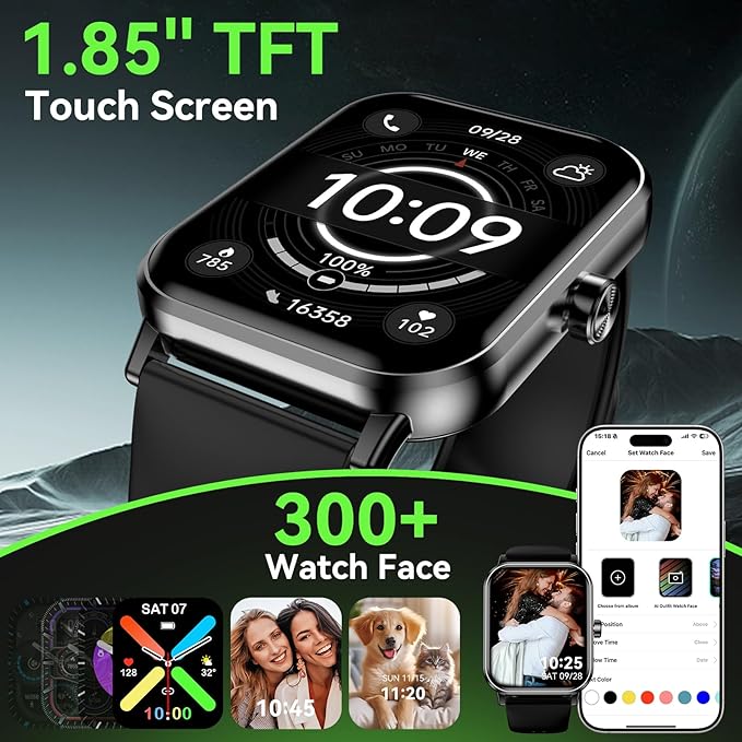 Smart Watch for Men Women, 1.85" HD Fitness Tracker with Bluetooth Calls, 5 ATM Waterproof, 130+ Sport Modes, 24/7 Heart Rate/Sleep Monitor, Pedometer, Calories, Smartwatch for Android iOS (Black)
