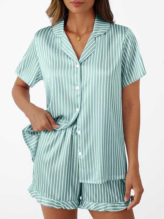 LILLUSORY Womens Satin Silk Pajamas Set 2 Piece Ruffle Pjs Winter Matching Lounge Sleepwear Button Down Striped Shirt Shorts