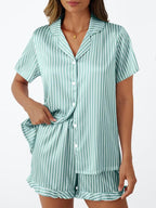 LILLUSORY Womens Satin Silk Pajamas Set 2 Piece Ruffle Pjs Winter Matching Lounge Sleepwear Button Down Striped Shirt Shorts