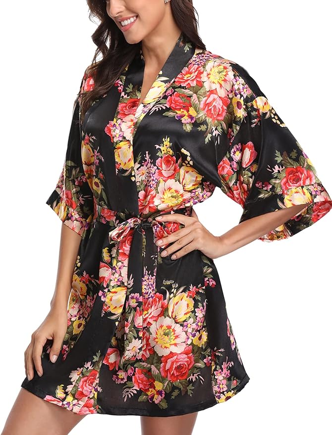 Women's Floral Satin Robes Bride Bridesmaid Getting Ready Robe Short Silky Kimono Sleepwear for Wedding Party