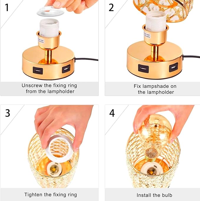 Crystal Table Lamps, Small Touch Desk Lamp Bedside Bedroom Lamp with 2 USB Charging Port Nightstand Night Light Room Decor for Kids Room, Home Office, Living Room,Bar, Restaurant (Gold)