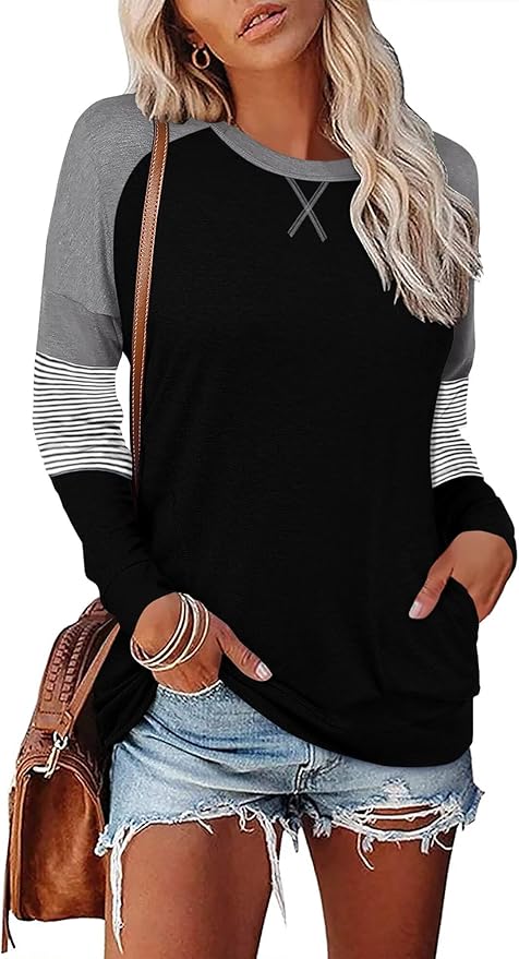 Magritta Women's Long Sleeve Leopard Color Block Tunic Comfy Crewneck T Shirt Tops Black XL