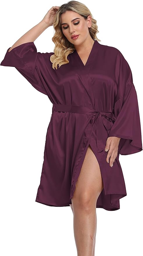 Women's Plus Size Short Silky Bathrobes Satin Kimono Robes Bride Bridesmaid Loungewear Soft Nightgown