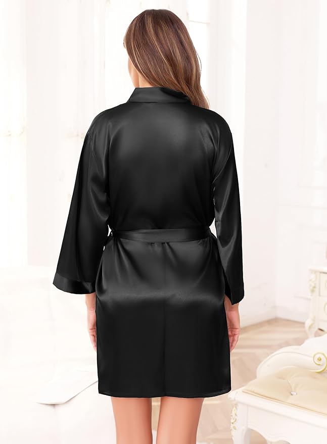 Women's Robes Satin Bathrobe Lightweight Short Silk Kimono V-Neck Bride Bridesmaids Loungewear