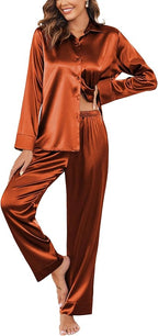 Ekouaer Women Satin Silk Pajamas Classic Long Sleeve Button Down Pjs Set Soft Loungewear