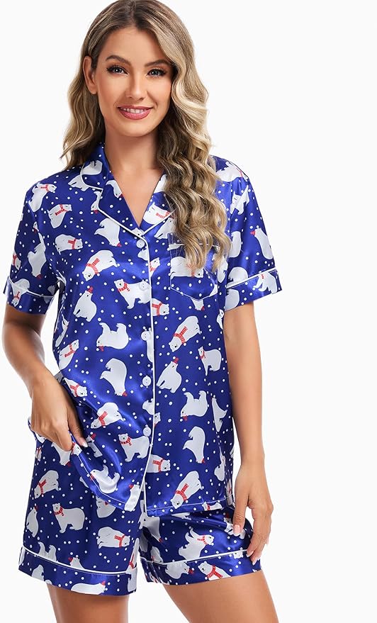SWOMOG Womens Silk Satin Pajamas Set Short Sleeve Sleepwear Button Down Top and Shorts Loungewear 2 Piece Pjs Set XS-3XL