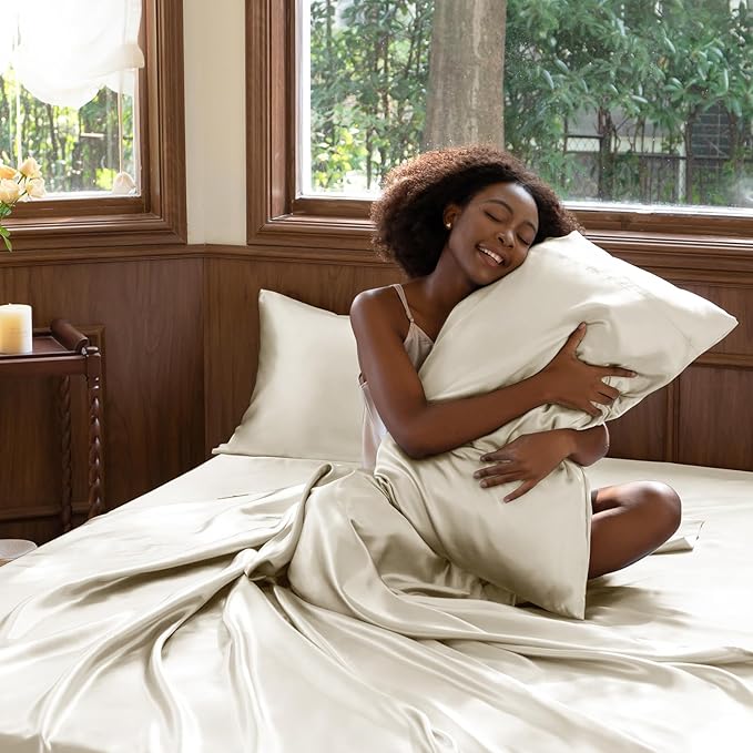 CozyLux Satin Sheets King Size Sheet Set - 4 Piece Silky King Sheets, Luxury Beige King Bed Set with Smooth and Soft Microfiber, Includes 1 Fitted Sheet, 1 Flat Sheet and 2 Pillowcases