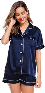 LecGee Womens Silk Satin Pajamas Short Sleeve Loungewear Two-Piece Sleepwear Button-Down Pj Set