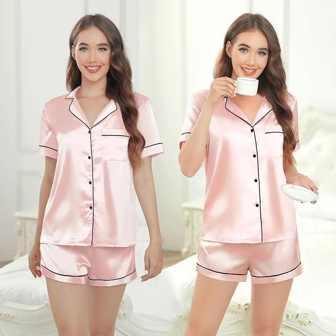 Silk Pajamas for Women Satin Womens PJ Set 2 Piece Short Lounge Set Summer Sleepwear Notch Collar Button-Down Pjs