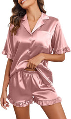 Ekouaer Satin Pajama Set for Women Button Down Silk 2 Piece Pj Sets Ruffle Short Sleeve Sleepwear