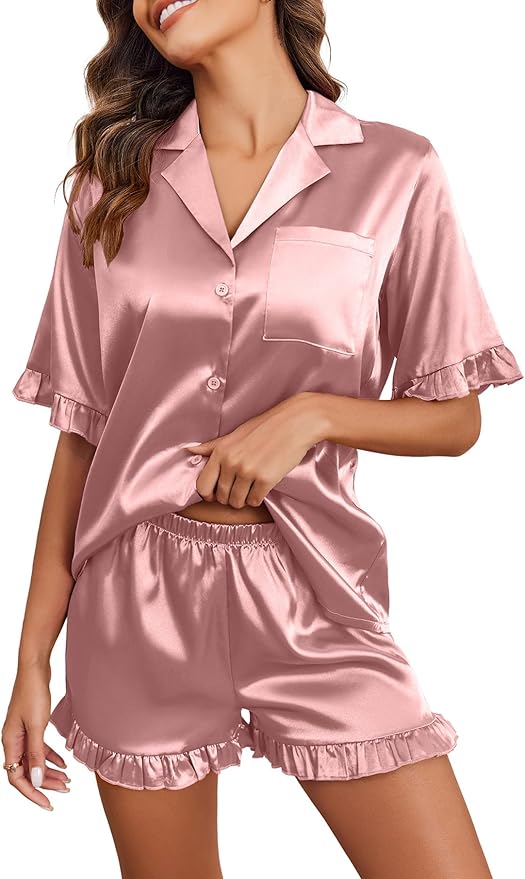 Ekouaer Satin Pajama Set for Women Button Down Silk 2 Piece Pj Sets Ruffle Short Sleeve Sleepwear