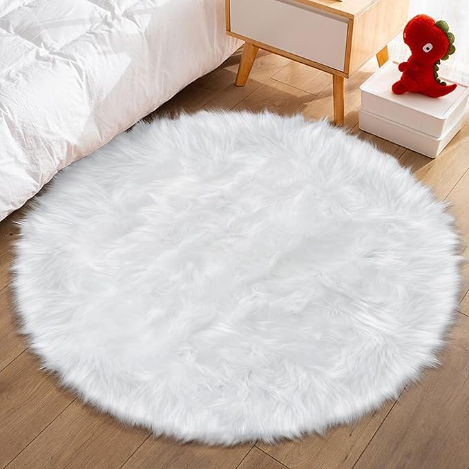 3 ft Fluffy White Round Rug for Bedroom Living Room, Soft Furry White Circle Rug for Kids Room Shaggy Circular Carpet for Nursery Teen's Room, Fuzzy Plush Rug for Dorm