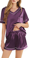 Silk Pajamas for Women Short Sleeve Satin 2 Piece Pj Set Soft V Neck Sleepwear Loungewear, S-XXL