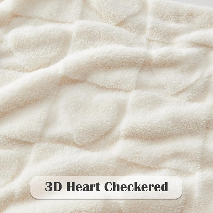 NEWCOSPLAY Super Soft Queen Blanket Ivory Love Premium Silky Flannel Fleece 3D Heart Checkered Lightweight Bed Blanket All Season Use (Ivory Love, Queen(90"x90"))