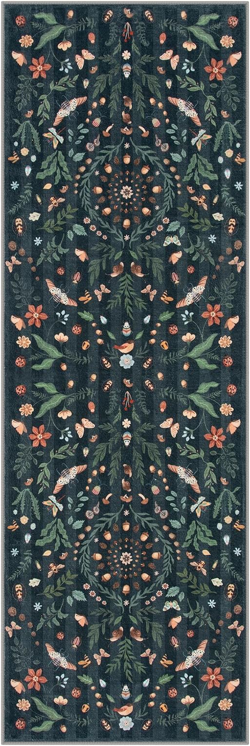 Lahome Insect Botanical 2x6 Washable Rug Runners for Hallways Non Slip, Black Bathroom Kitchen Runner Rugs Non Skid, Soft Non-Slip Entryway Indoor Carpet for Laundry Bedroom