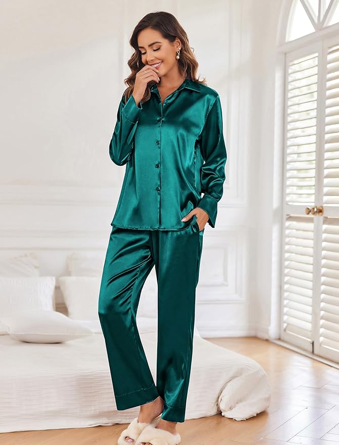 Ekouaer Women Satin Silk Pajamas Classic Long Sleeve Button Down Pjs Set Soft Loungewear
