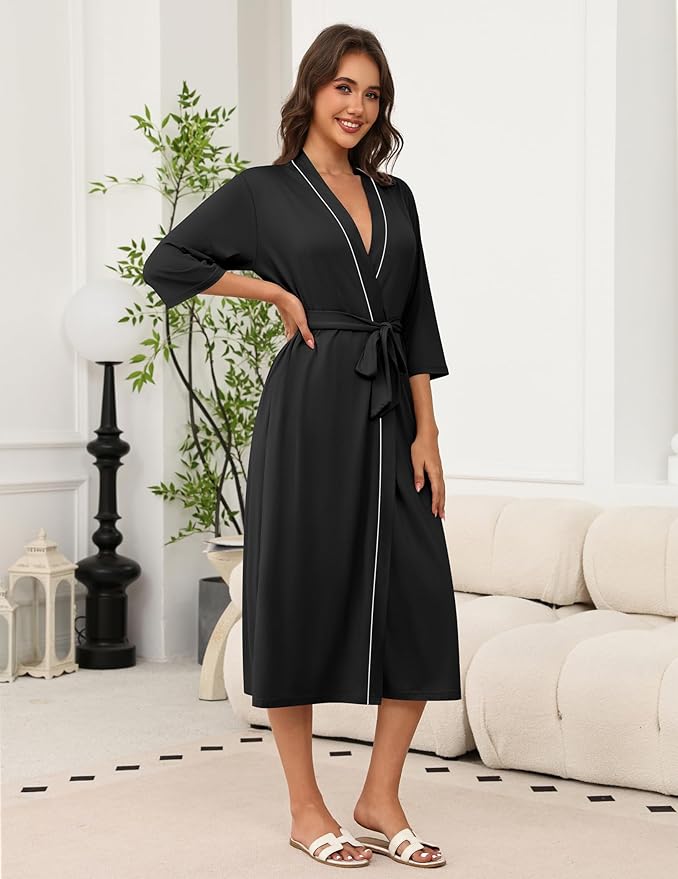 Ekouaer Robes for Women Long Knit Bathrobe Lightweight 3/4 Sleeves Kimono Robe Soft Sleepwear with Pockets S-XXL
