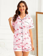 LecGee Womens Silk Satin Pajamas Short Sleeve Loungewear Two-Piece Sleepwear Button-Down Pj Set
